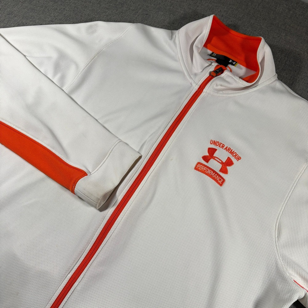 Under Armour Track Jacket Mens XL White Orange Full Zip Performance Waffle Knit